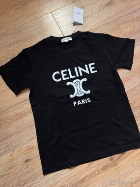 Celine Black Short Sleeve Logo Tee with White Print